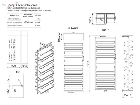 Kosz obrotowy na buty  – 12 poziomów, Wysokość 1910-2110 mm obrót 360°, kolor antracyt