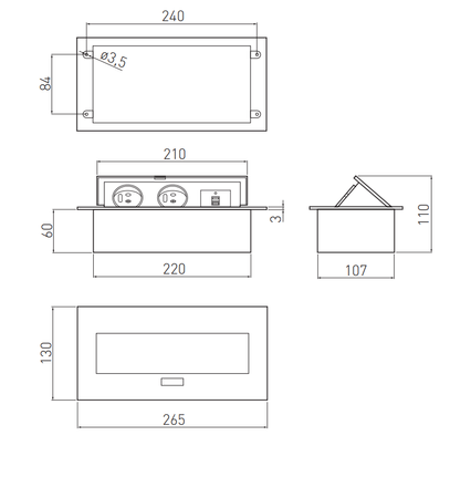 kaseta 2x230+2xusb+rj45 ALU