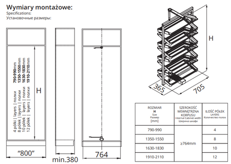 Kosz obrotowy na buty  – 12 poziomów, Wysokość 1910-2110 mm obrót 360°, kolor antracyt