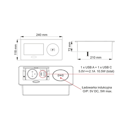 kaseta ZEOBOX czarny, gniazdo SCHUKO, 1xUSB A, 1xUSB C, indukcja