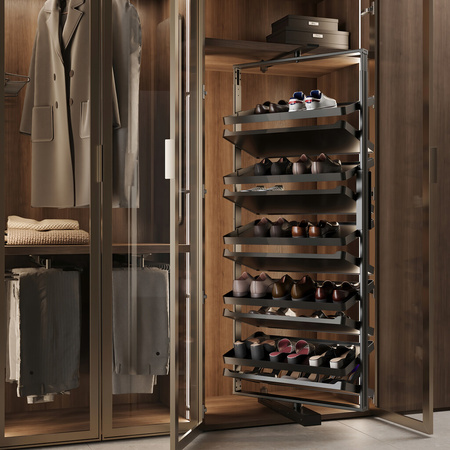 Obrotowy stojak na buty do szafy Quartz, H1640–1910 mm, moduł 800 mm, tytanowy (10 półek)