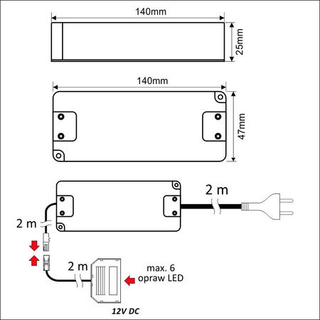 Układ zasilający do LED 12V DC 54W z rozdzielaczem